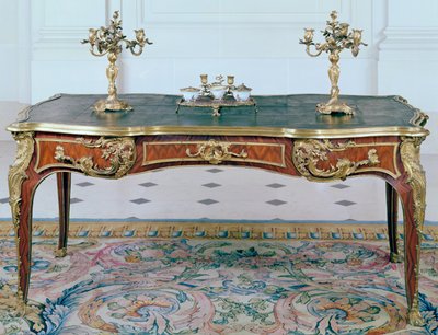 Louis XV bureau-plat, ormolu candelabra and inkstand, late 18th century by French School